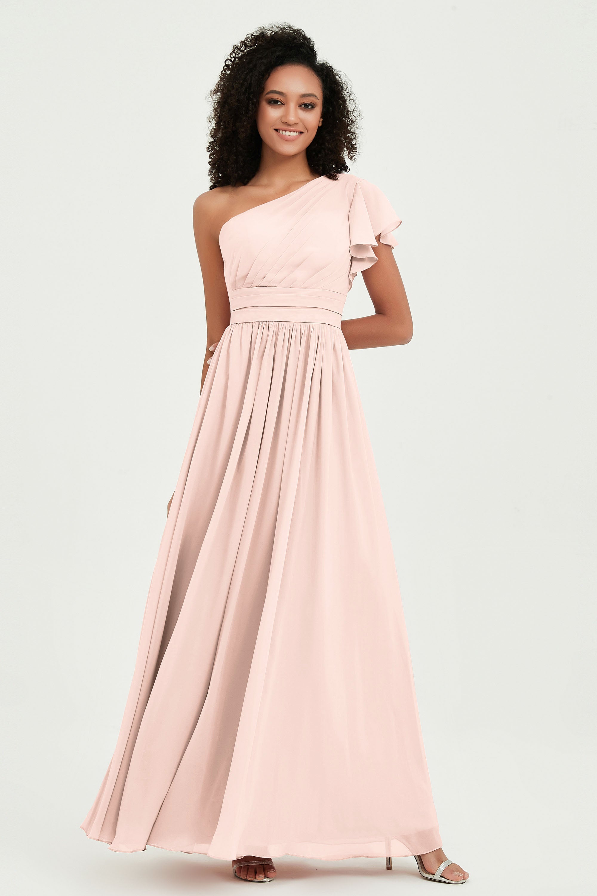 One Shoulder Flutter Sleeves Chiffon Bridesmaid Dress Plus Size Formal Evening Dresses