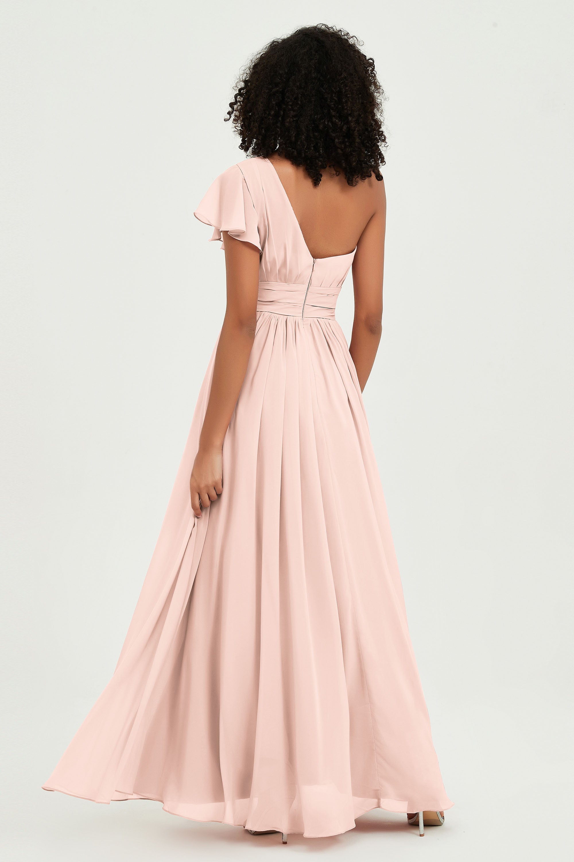 One Shoulder Flutter Sleeves Chiffon Bridesmaid Dress Plus Size Formal Evening Dresses