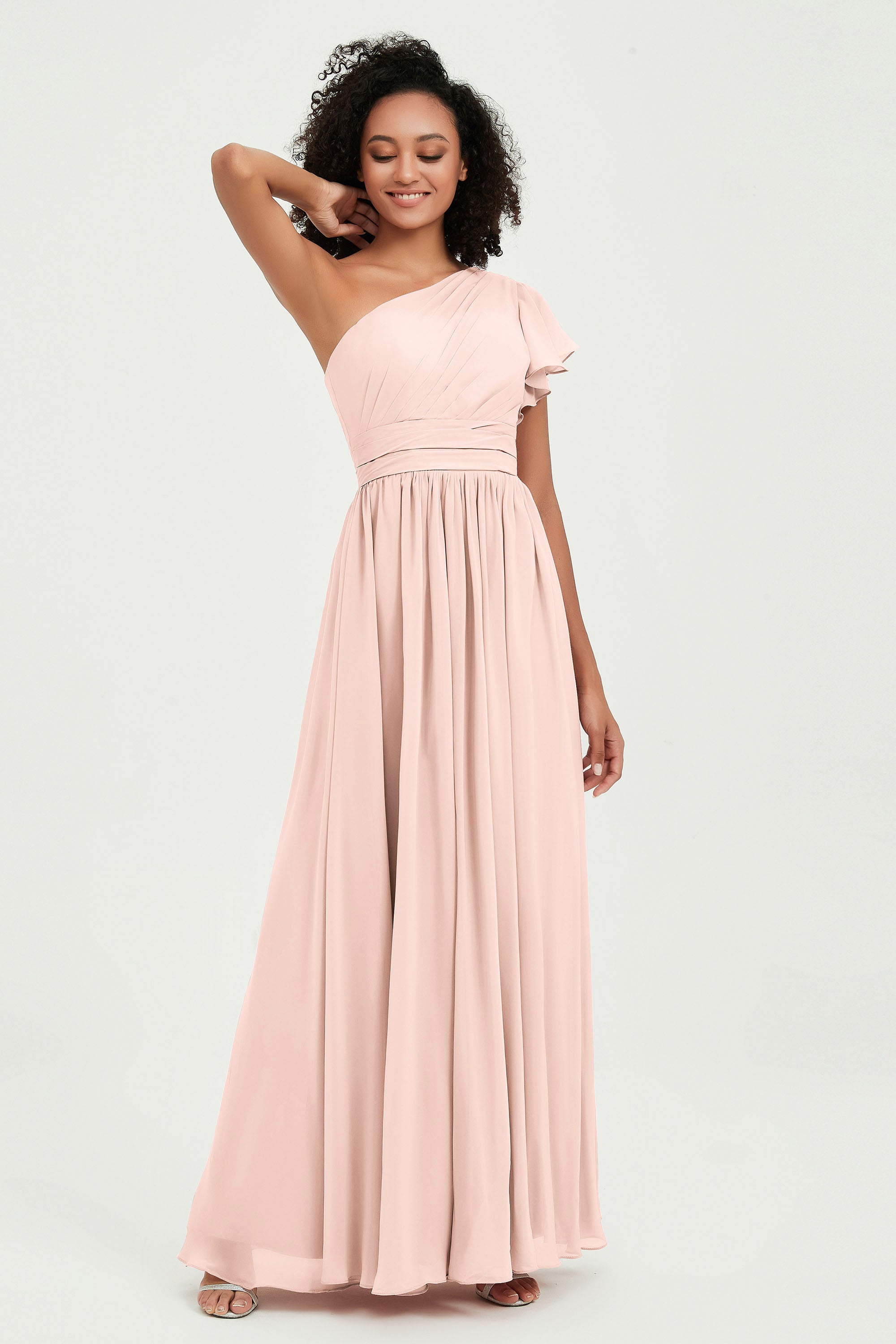 One Shoulder Flutter Sleeves Chiffon Bridesmaid Dress Plus Size Formal Evening Dresses