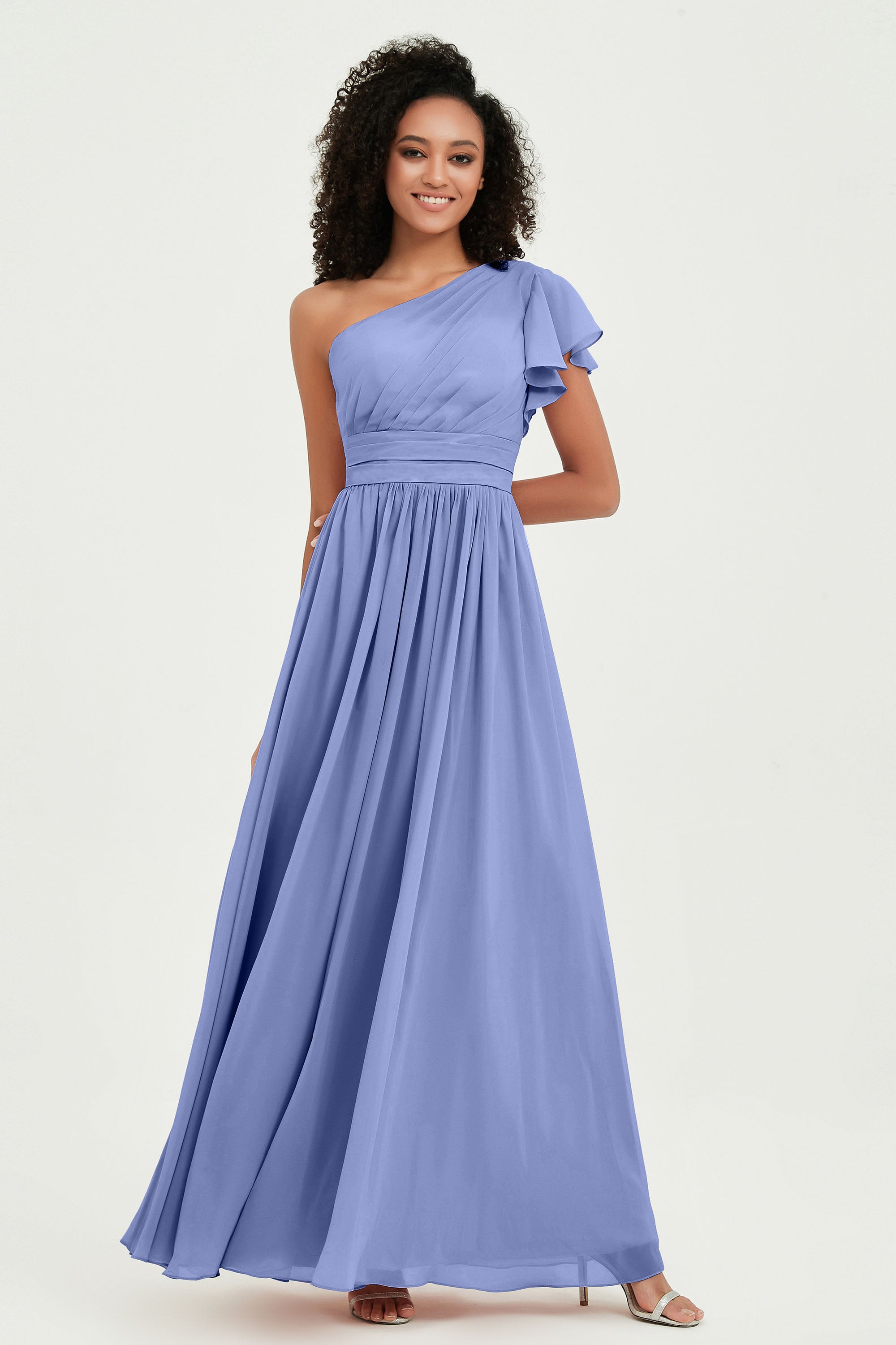 One Shoulder Flutter Sleeves Chiffon Bridesmaid Dress Plus Size Formal Evening Dresses