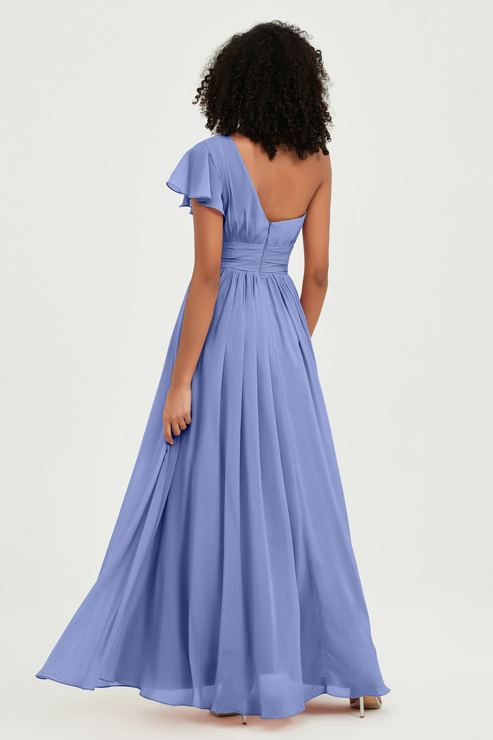 One Shoulder Flutter Sleeves Chiffon Bridesmaid Dress Plus Size Formal Evening Dresses