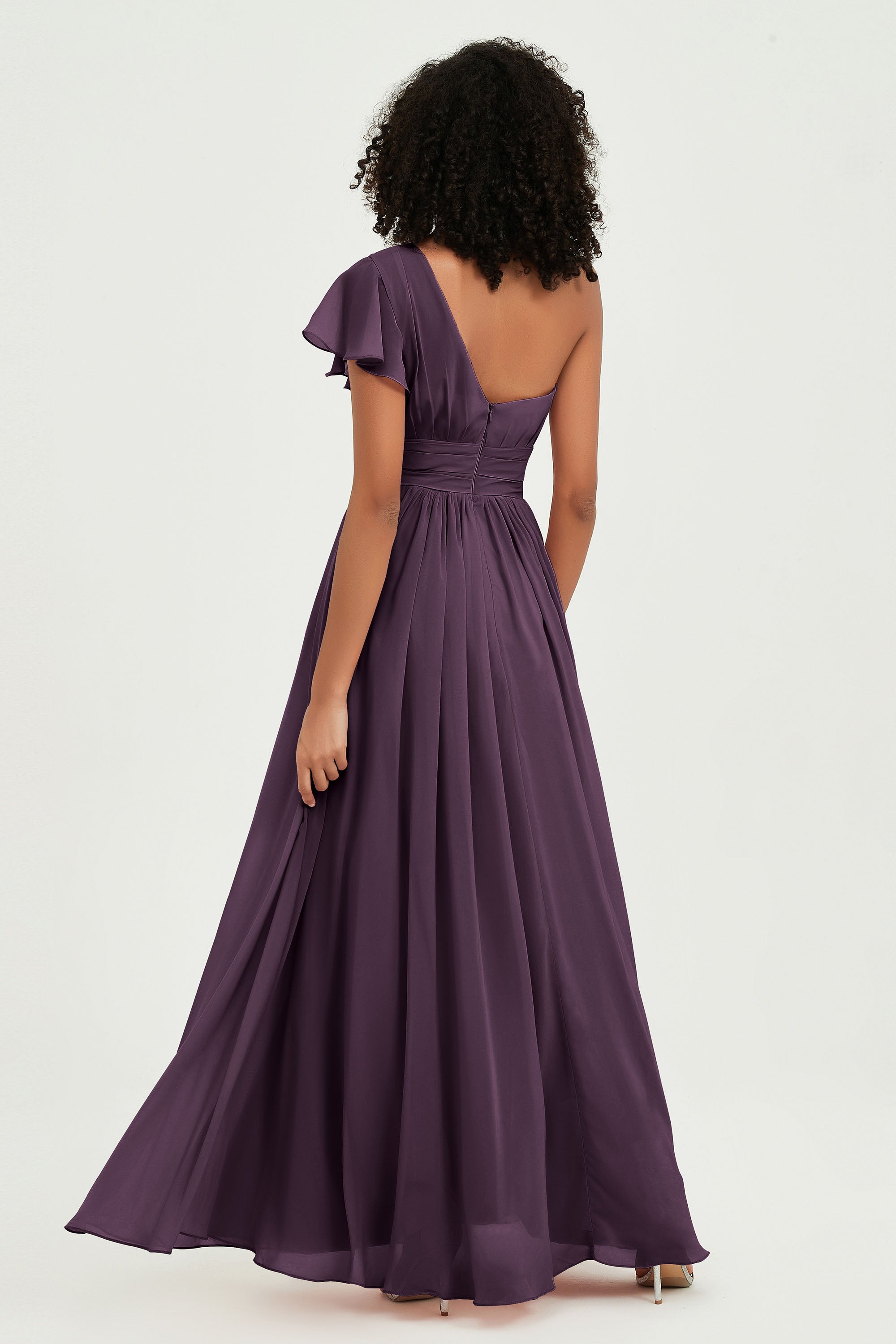 One Shoulder Flutter Sleeves Chiffon Bridesmaid Dress Plus Size Formal Evening Dresses