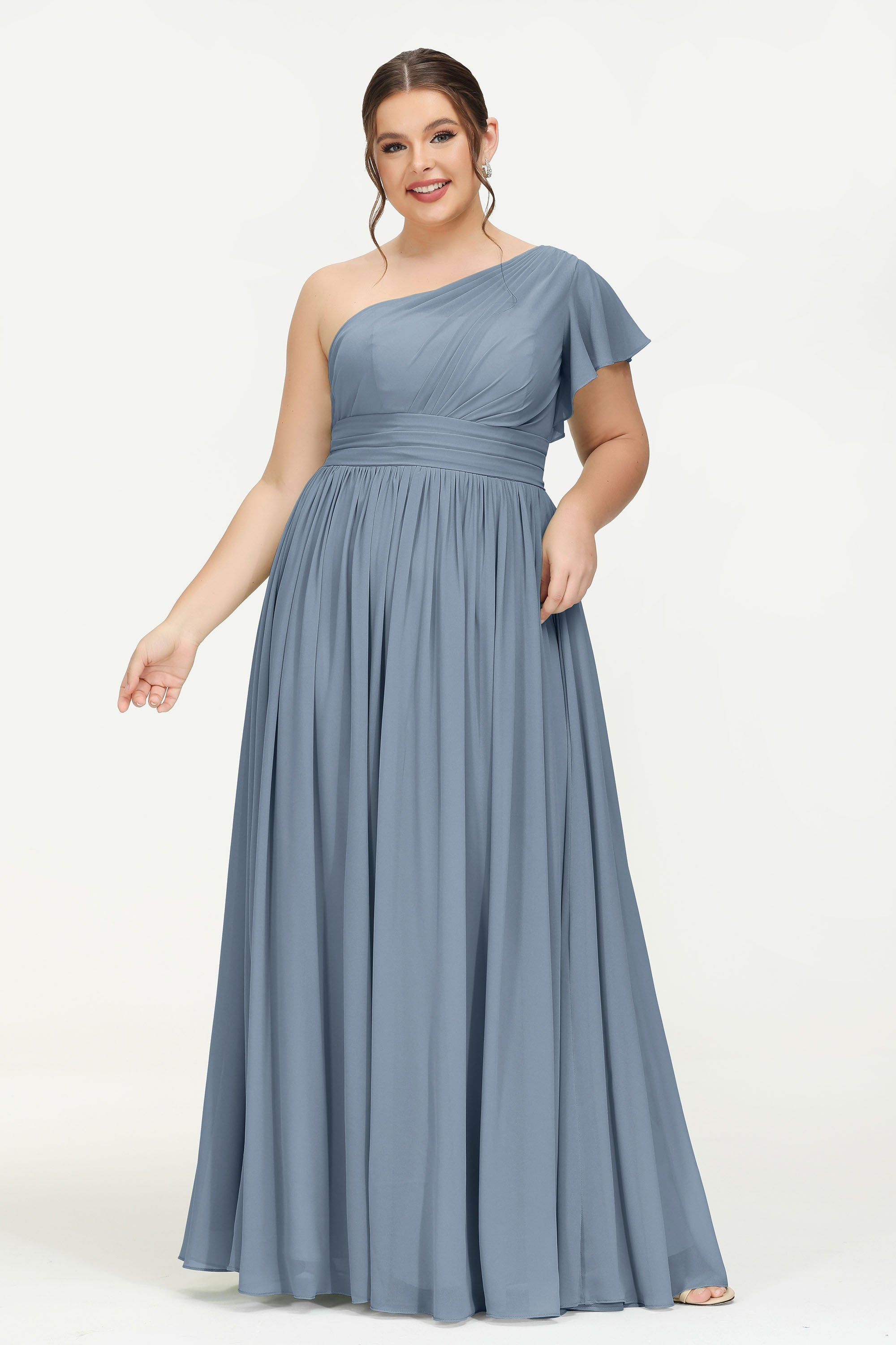 One Shoulder Flutter Sleeves Chiffon Bridesmaid Dress Plus Size Formal Evening Dresses