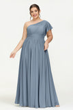 One Shoulder Flutter Sleeves Chiffon Bridesmaid Dress Plus Size Formal Evening Dresses