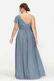 One Shoulder Flutter Sleeves Chiffon Bridesmaid Dress Plus Size Formal Evening Dresses
