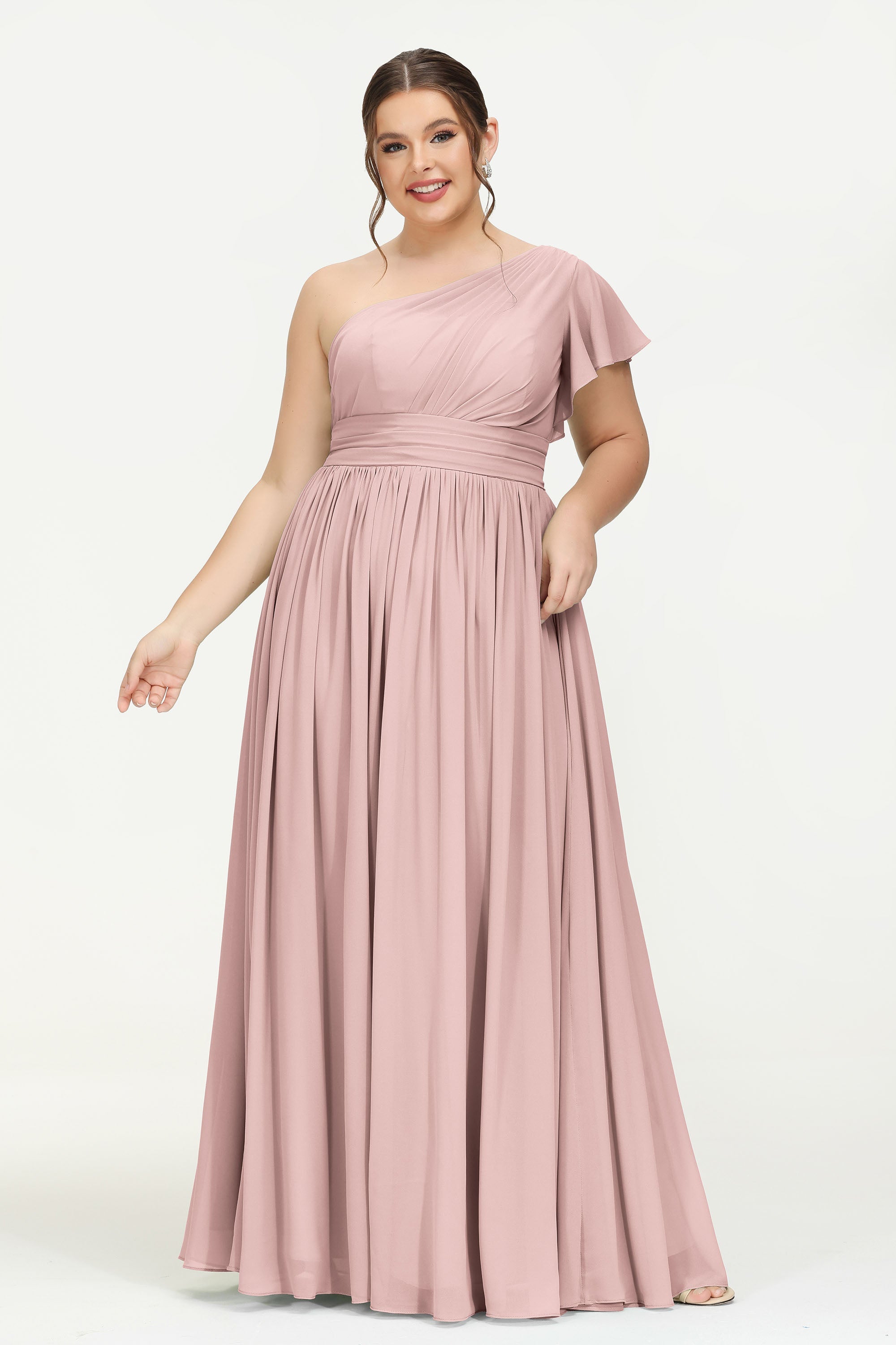 One Shoulder Flutter Sleeves Chiffon Bridesmaid Dress Plus Size Formal Evening Dresses