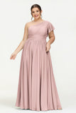 One Shoulder Flutter Sleeves Chiffon Bridesmaid Dress Plus Size Formal Evening Dresses