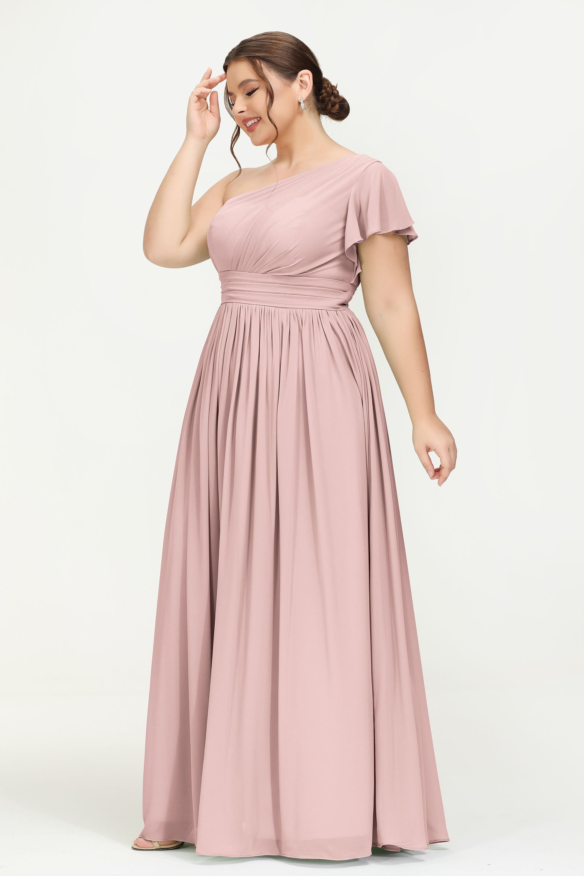 One Shoulder Flutter Sleeves Chiffon Bridesmaid Dress Plus Size Formal Evening Dresses