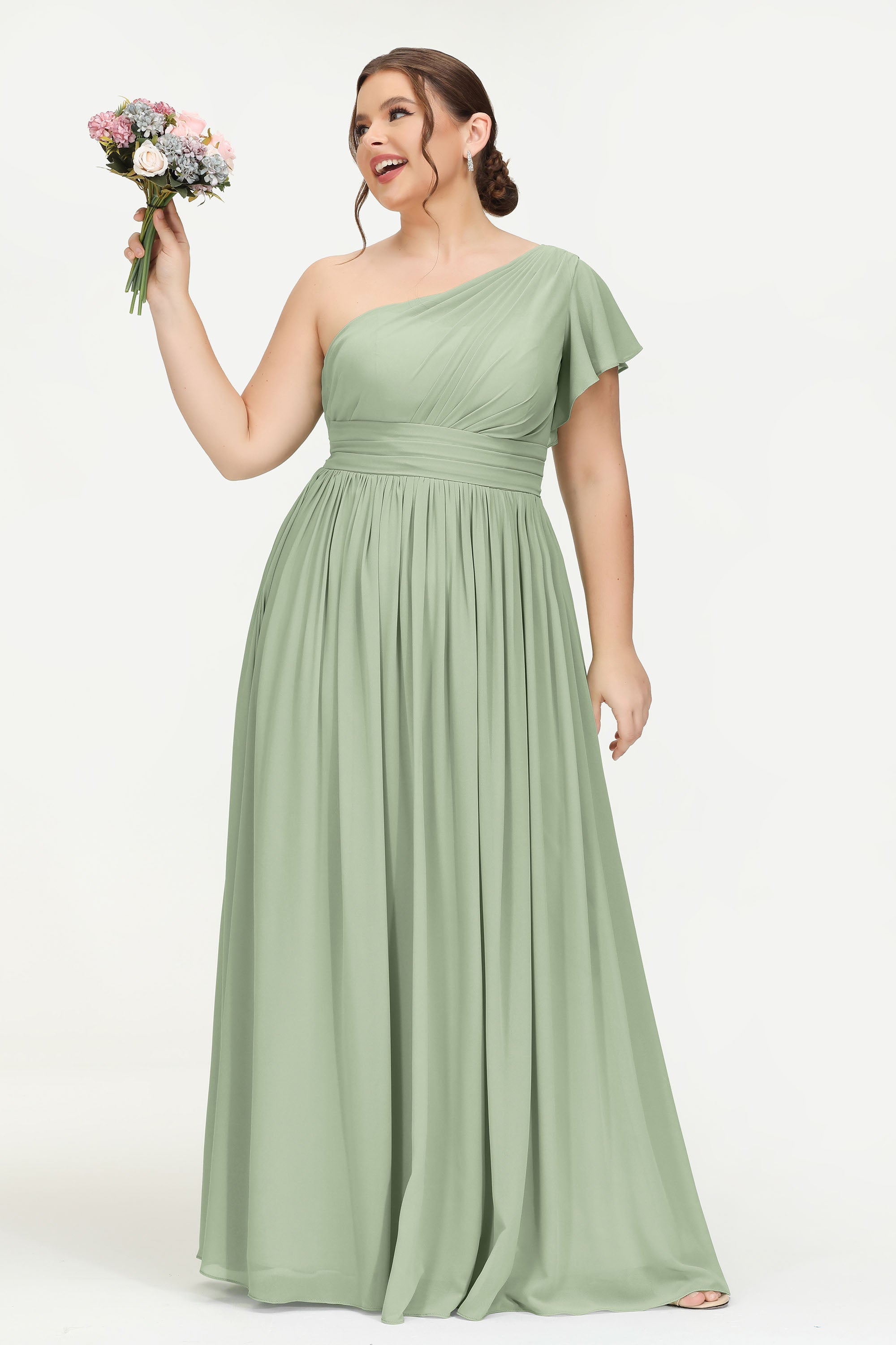 One Shoulder Flutter Sleeves Chiffon Bridesmaid Dress Plus Size Formal Evening Dresses