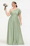 One Shoulder Flutter Sleeves Chiffon Bridesmaid Dress Plus Size Formal Evening Dresses