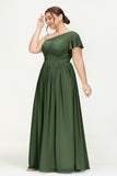 One Shoulder Flutter Sleeves Chiffon Bridesmaid Dress Plus Size Formal Evening Dresses