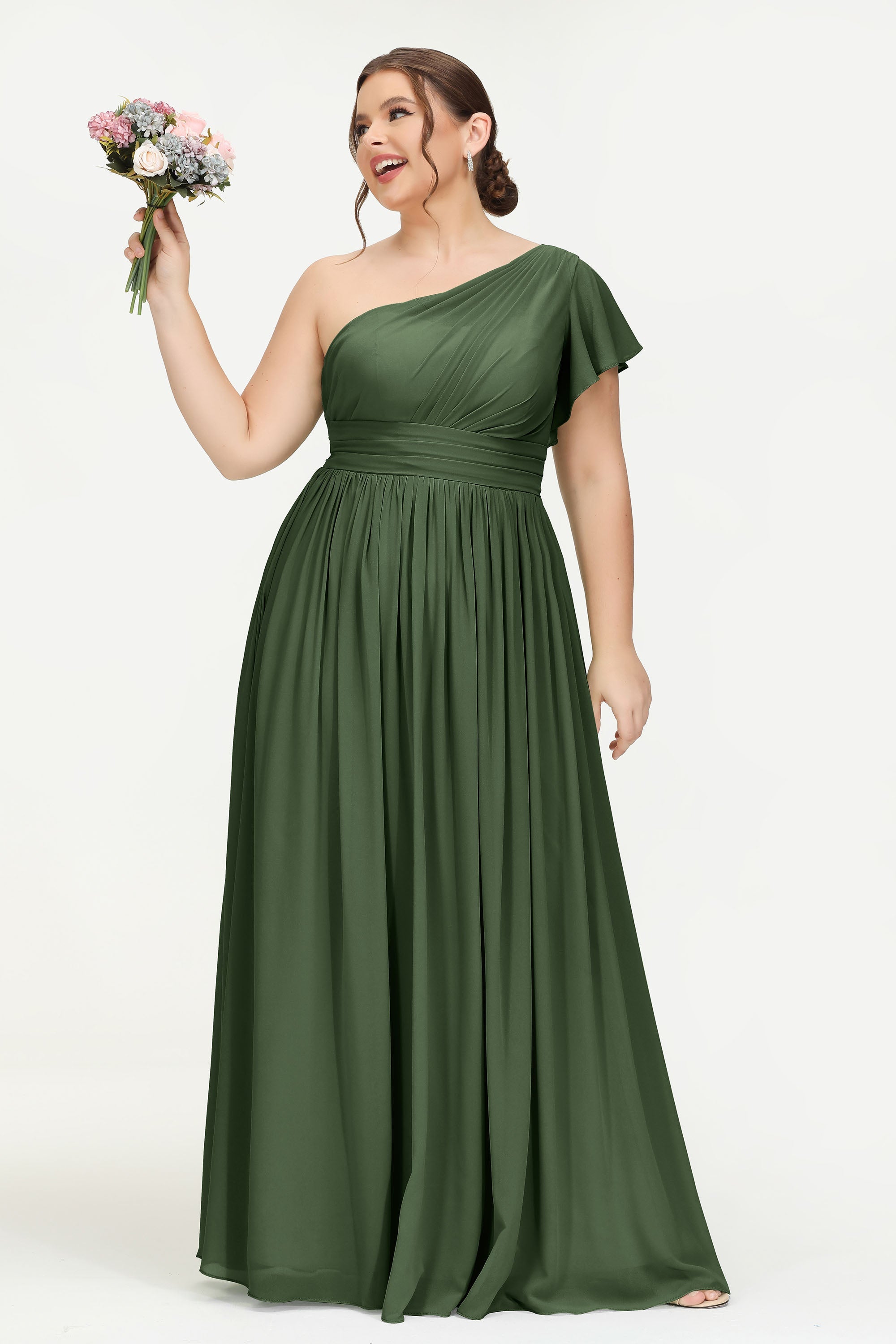One Shoulder Flutter Sleeves Chiffon Bridesmaid Dress Plus Size Formal Evening Dresses