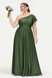 One Shoulder Flutter Sleeves Chiffon Bridesmaid Dress Plus Size Formal Evening Dresses