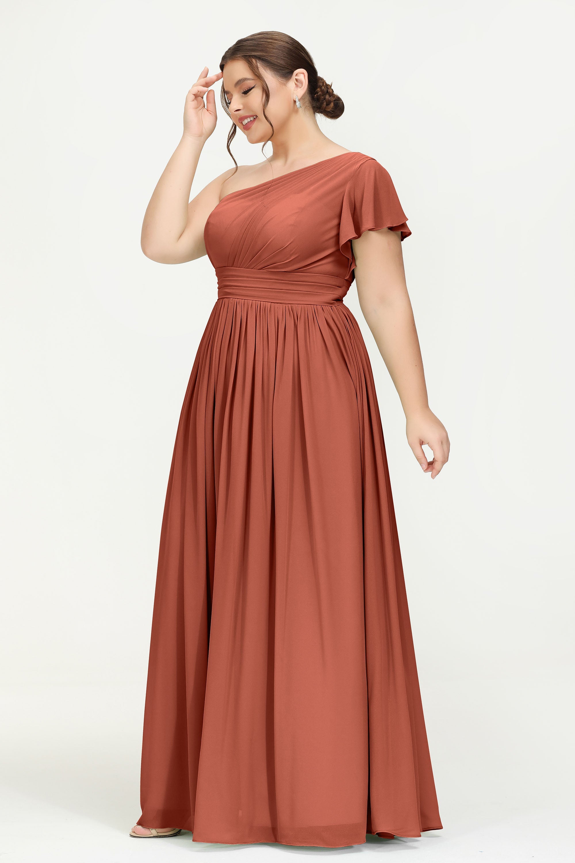 One Shoulder Flutter Sleeves Chiffon Bridesmaid Dress Plus Size Formal Evening Dresses