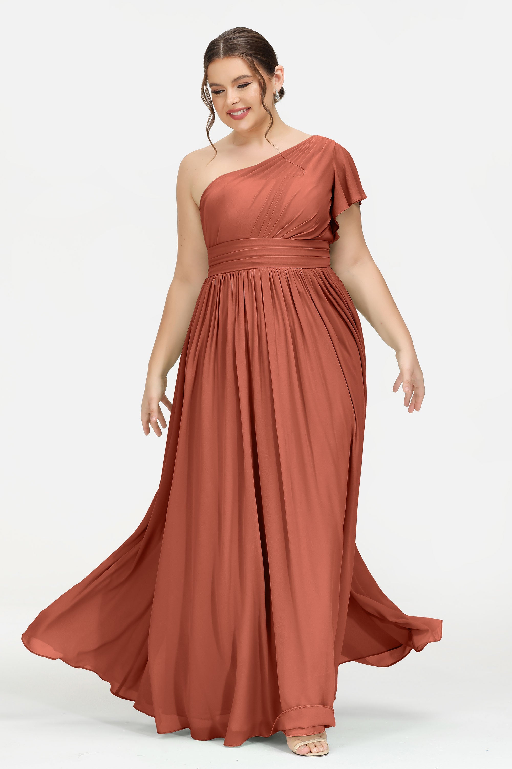 One Shoulder Flutter Sleeves Chiffon Bridesmaid Dress Plus Size Formal Evening Dresses