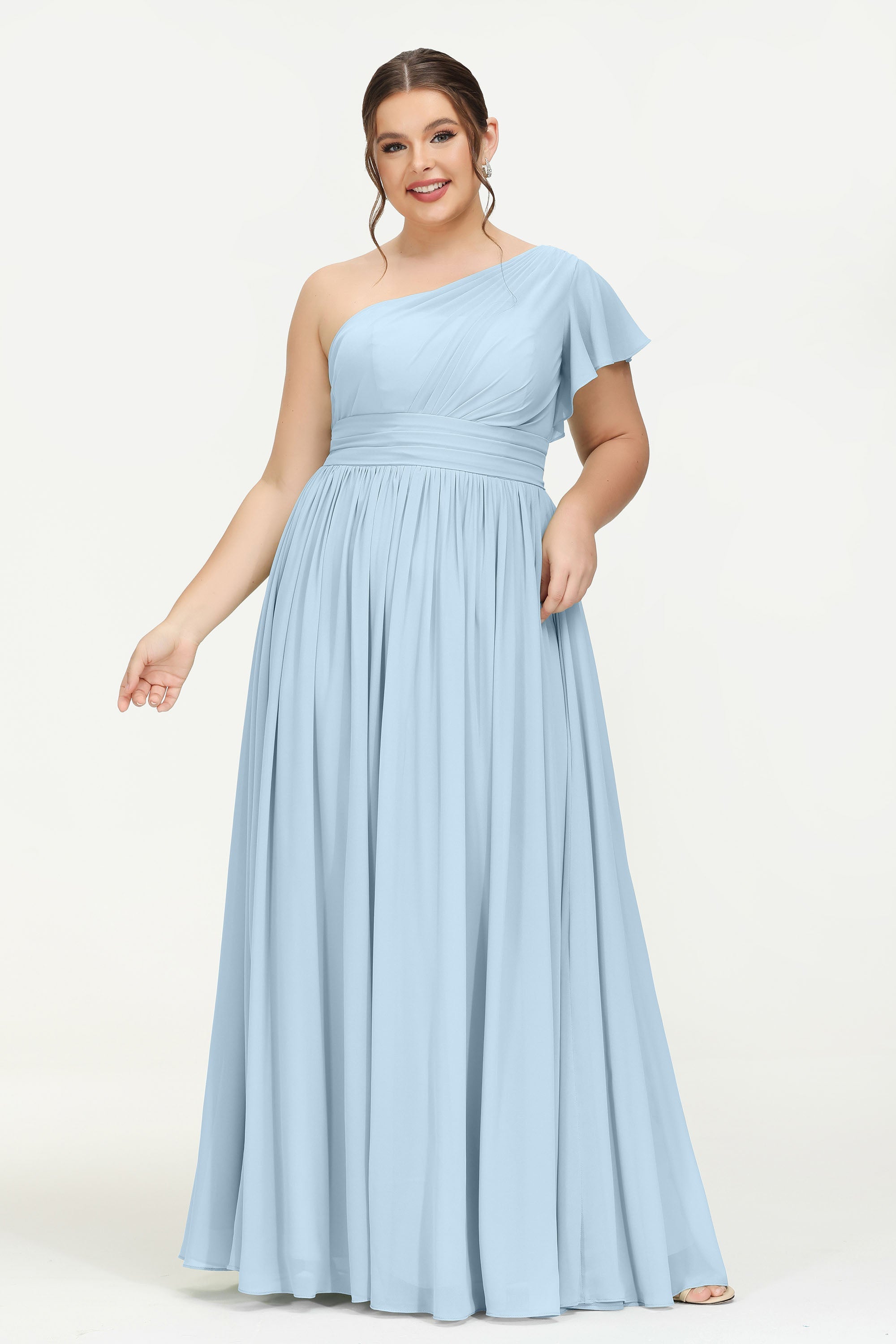 One Shoulder Flutter Sleeves Chiffon Bridesmaid Dress Plus Size Formal Evening Dresses