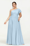 One Shoulder Flutter Sleeves Chiffon Bridesmaid Dress Plus Size Formal Evening Dresses