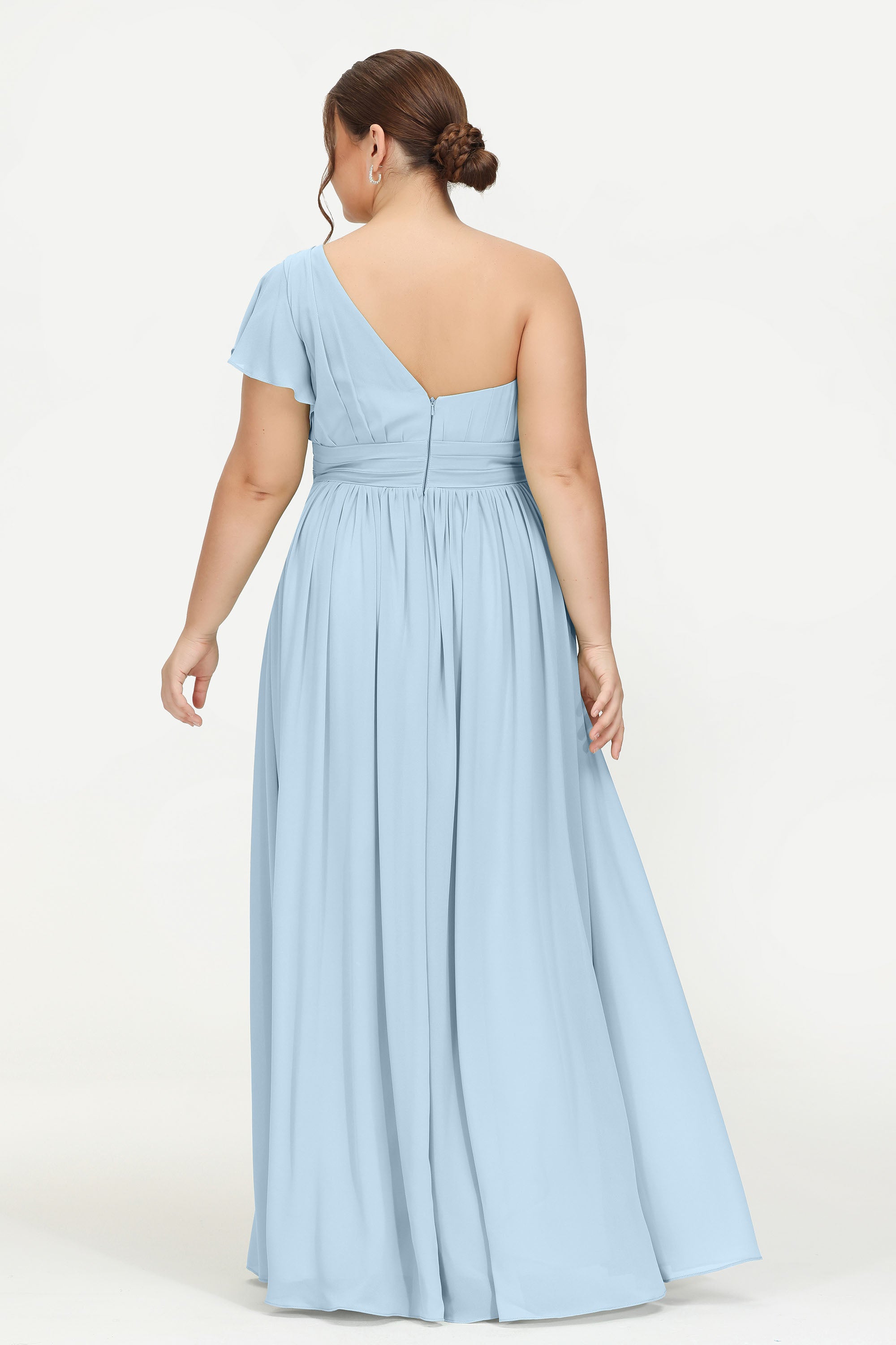 One Shoulder Flutter Sleeves Chiffon Bridesmaid Dress Plus Size Formal Evening Dresses