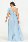 One Shoulder Flutter Sleeves Chiffon Bridesmaid Dress Plus Size Formal Evening Dresses