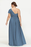One Shoulder Flutter Sleeves Chiffon Bridesmaid Dress Plus Size Formal Evening Dresses