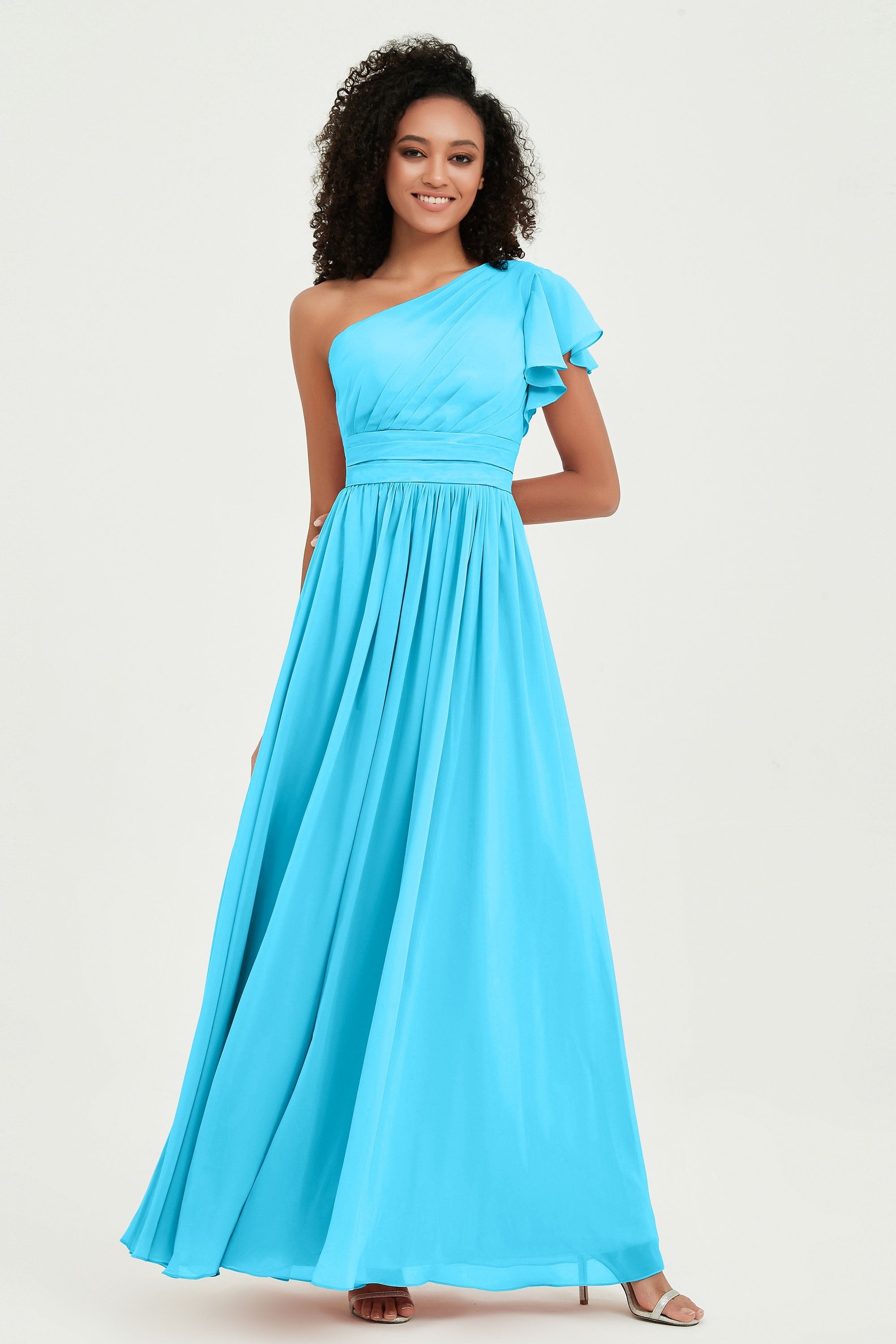 One Shoulder Flutter Sleeves Chiffon Bridesmaid Dress Plus Size Formal Evening Dresses