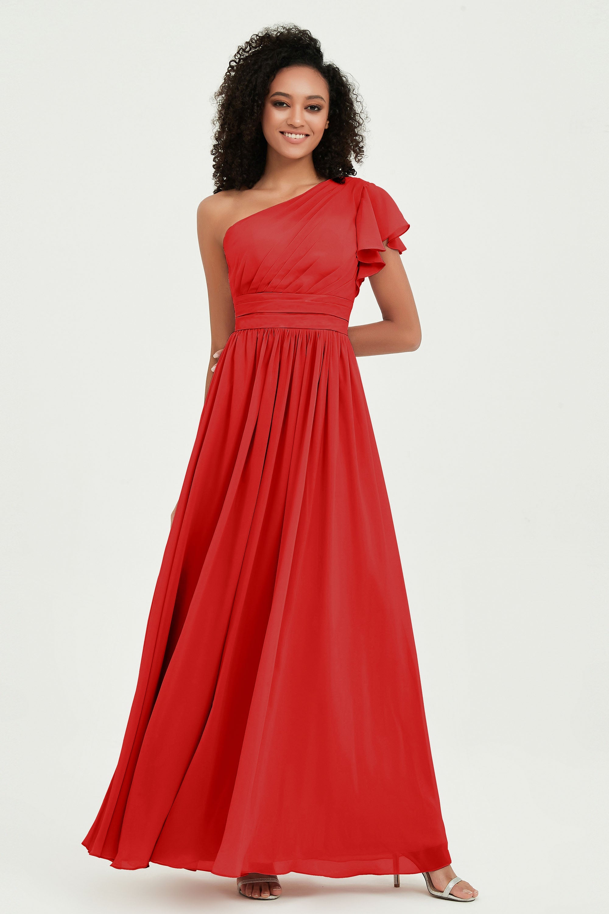 One Shoulder Flutter Sleeves Chiffon Bridesmaid Dress Plus Size Formal Evening Dresses