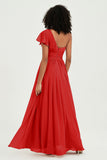 One Shoulder Flutter Sleeves Chiffon Bridesmaid Dress Plus Size Formal Evening Dresses
