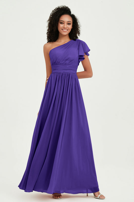 One Shoulder Flutter Sleeves Chiffon Bridesmaid Dress Plus Size Formal Evening Dresses
