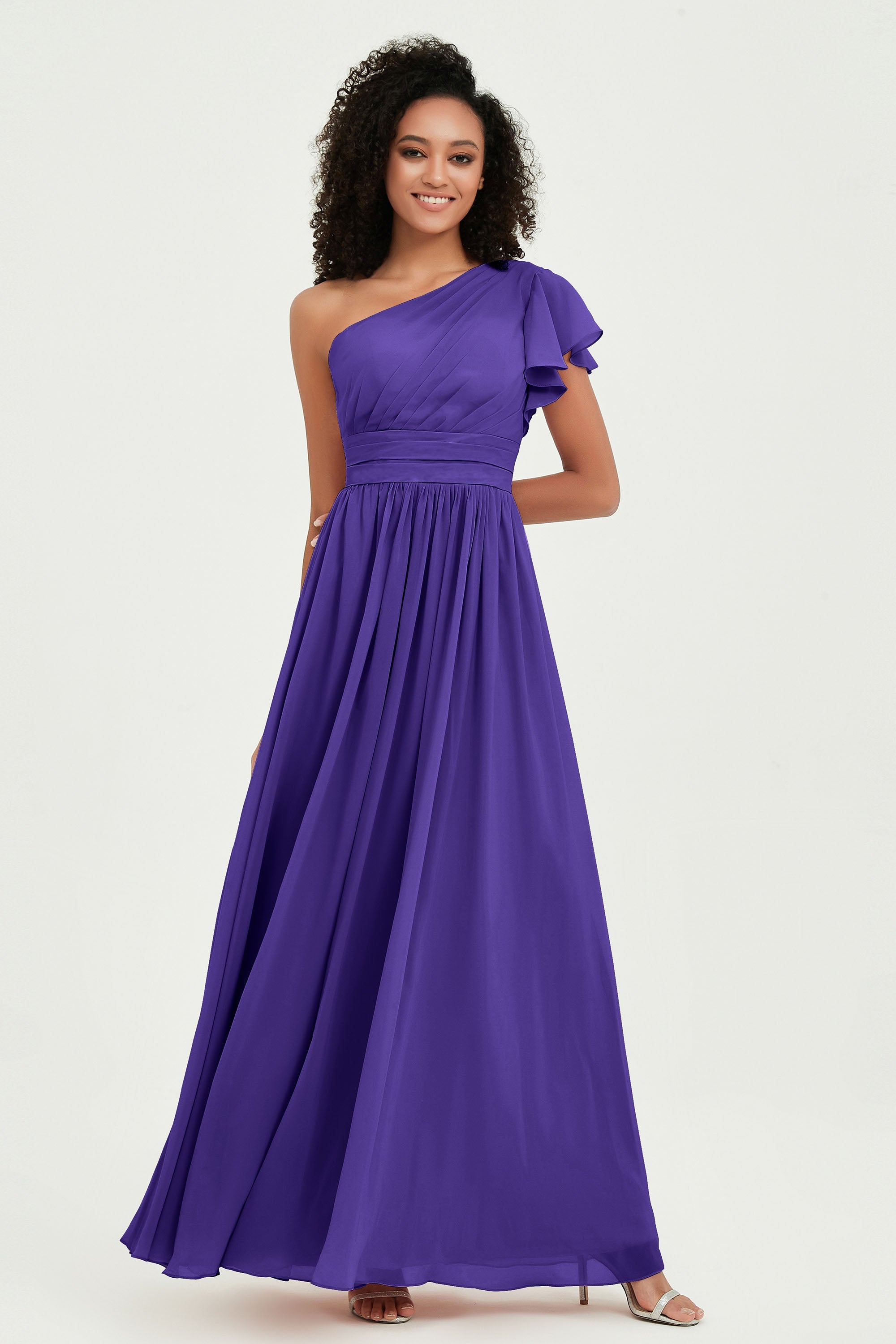 One Shoulder Flutter Sleeves Chiffon Bridesmaid Dress Plus Size Formal Evening Dresses