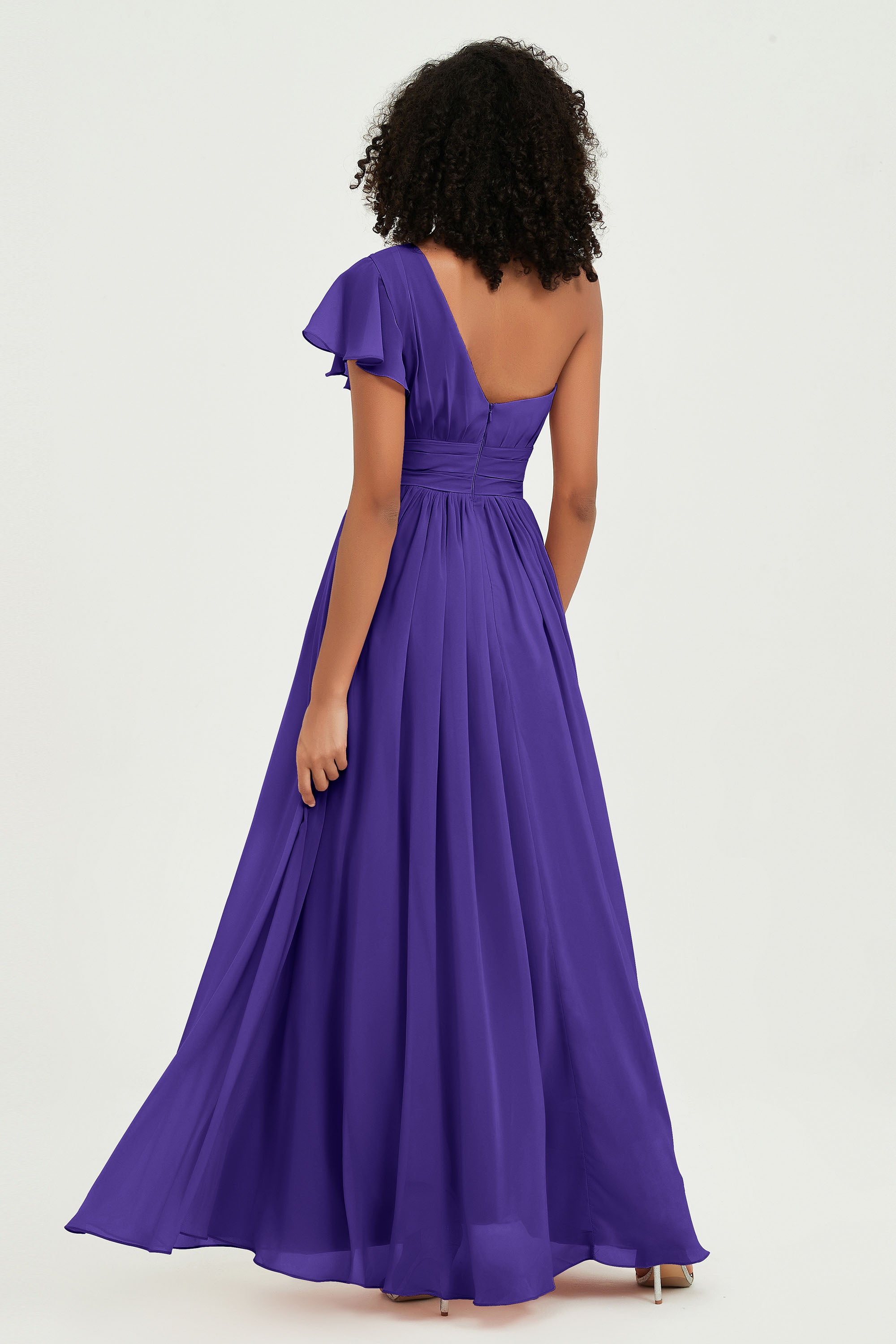 One Shoulder Flutter Sleeves Chiffon Bridesmaid Dress Plus Size Formal Evening Dresses