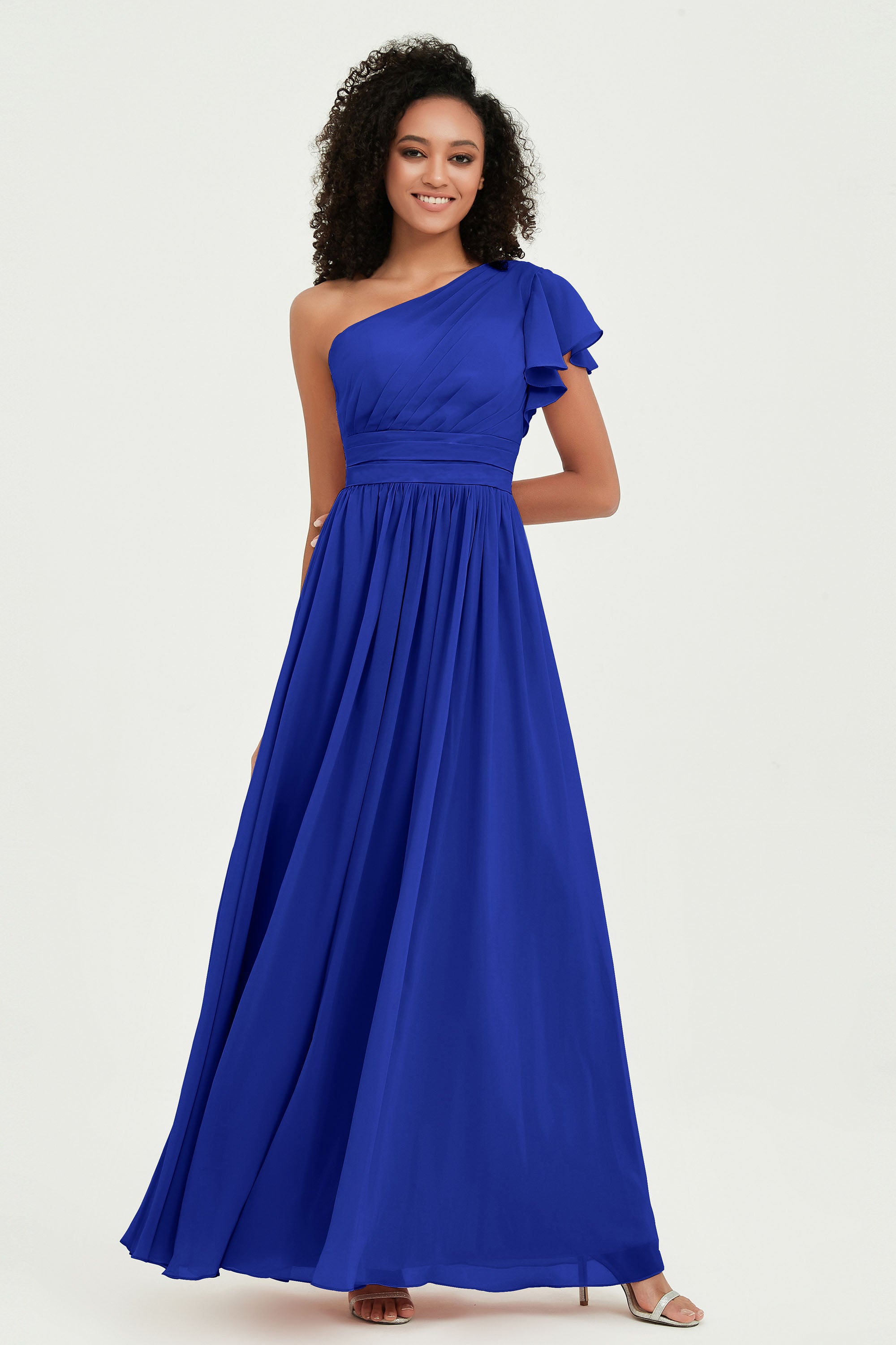 One Shoulder Flutter Sleeves Chiffon Bridesmaid Dress Plus Size Formal Evening Dresses