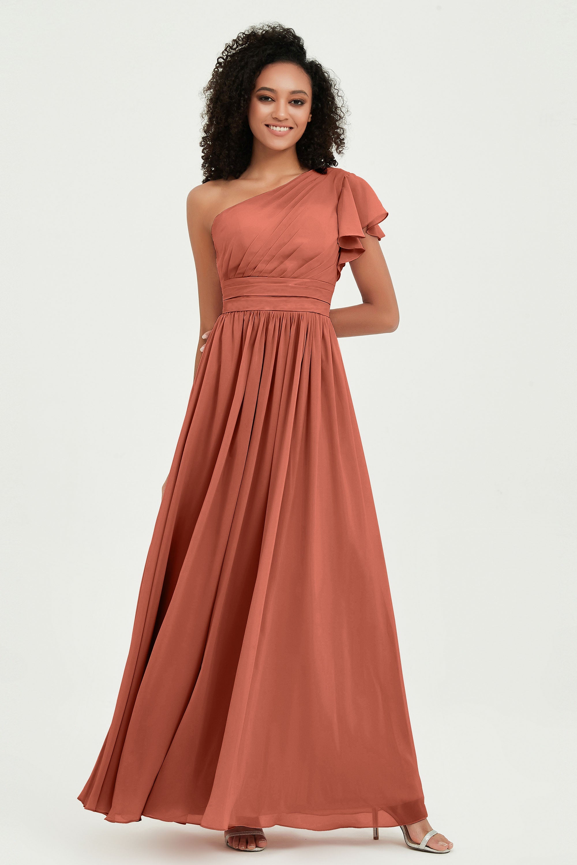 One Shoulder Flutter Sleeves Chiffon Bridesmaid Dress Plus Size Formal Evening Dresses