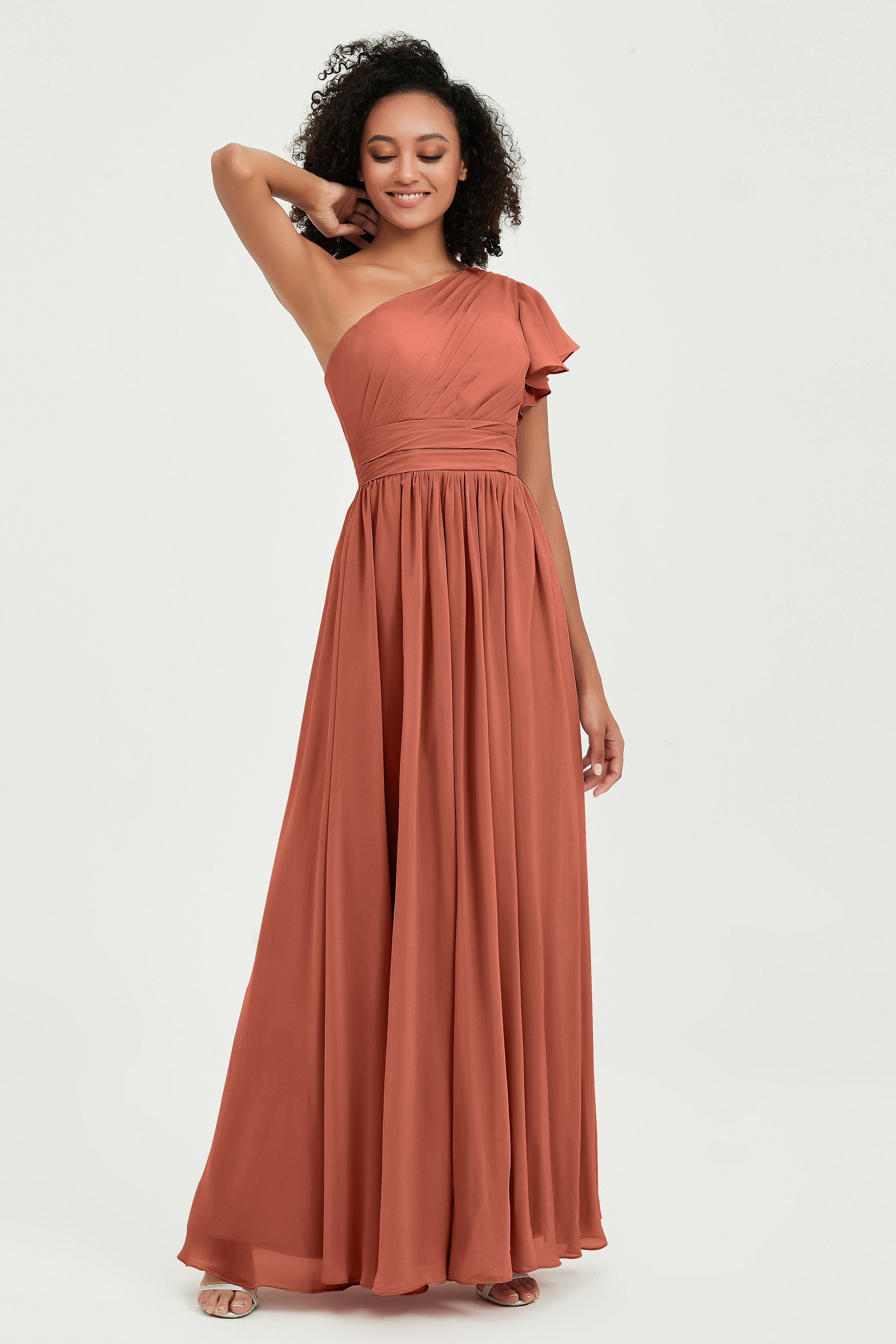 One Shoulder Flutter Sleeves Chiffon Bridesmaid Dress Plus Size Formal Evening Dresses