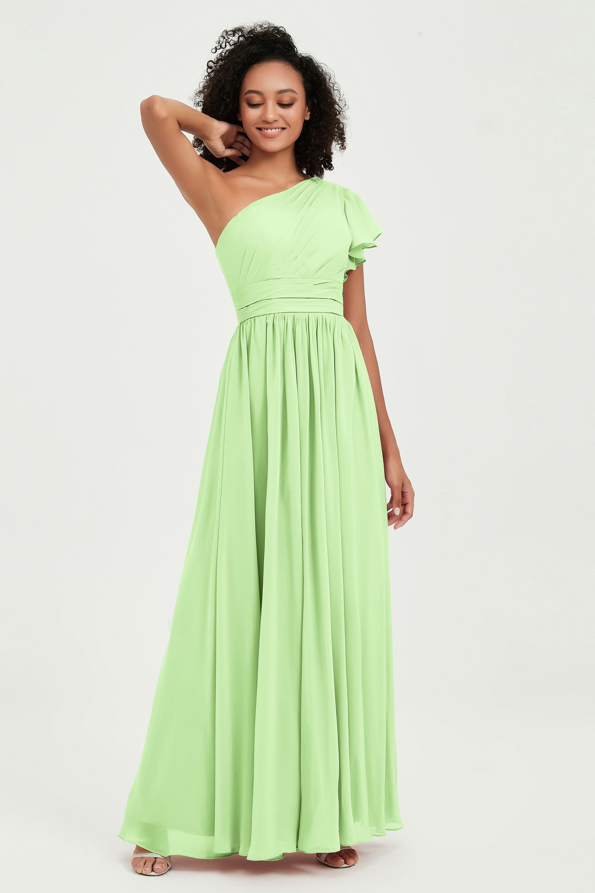 One Shoulder Flutter Sleeves Chiffon Bridesmaid Dress Plus Size Formal Evening Dresses