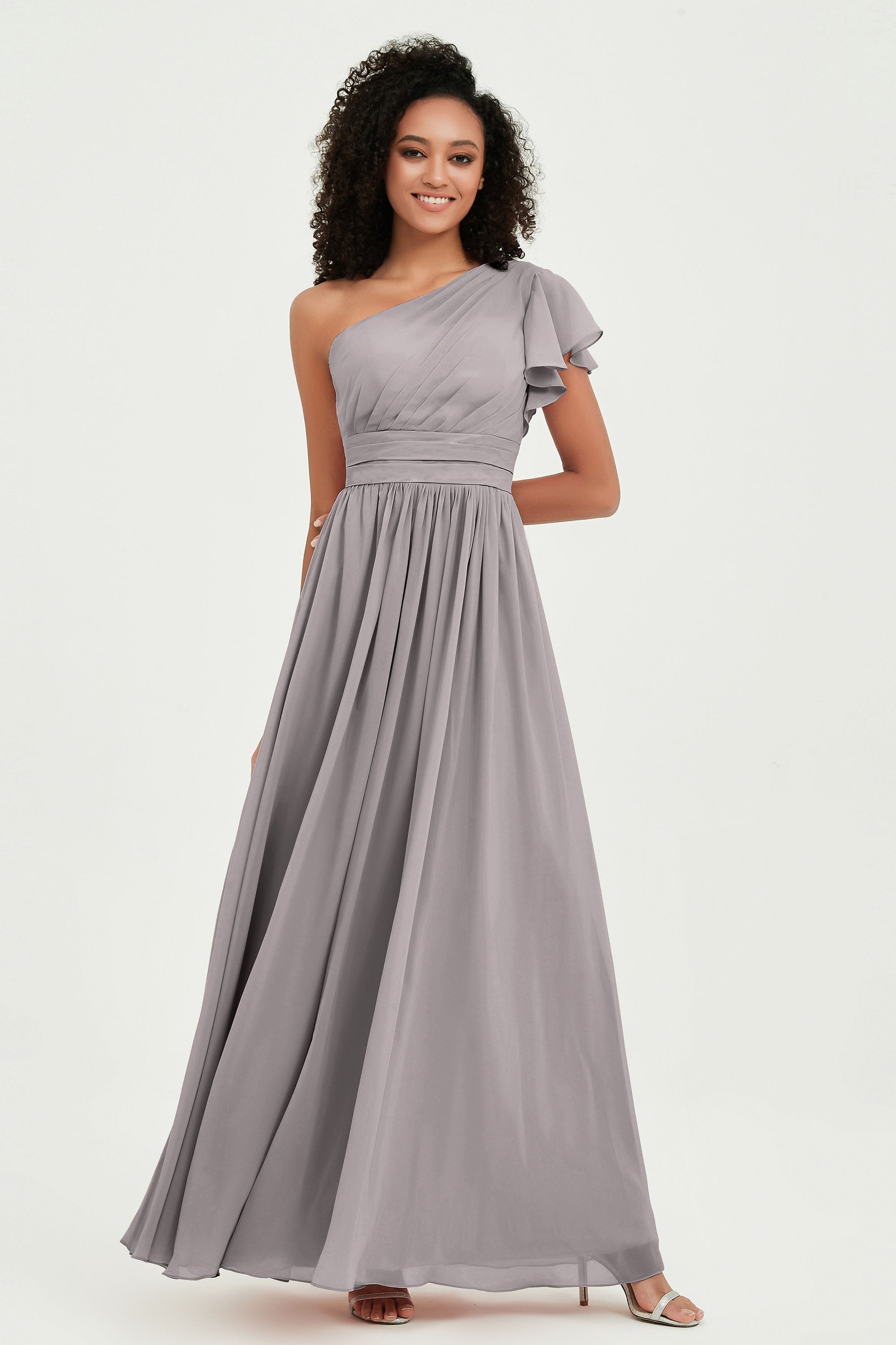 One Shoulder Flutter Sleeves Chiffon Bridesmaid Dress Plus Size Formal Evening Dresses
