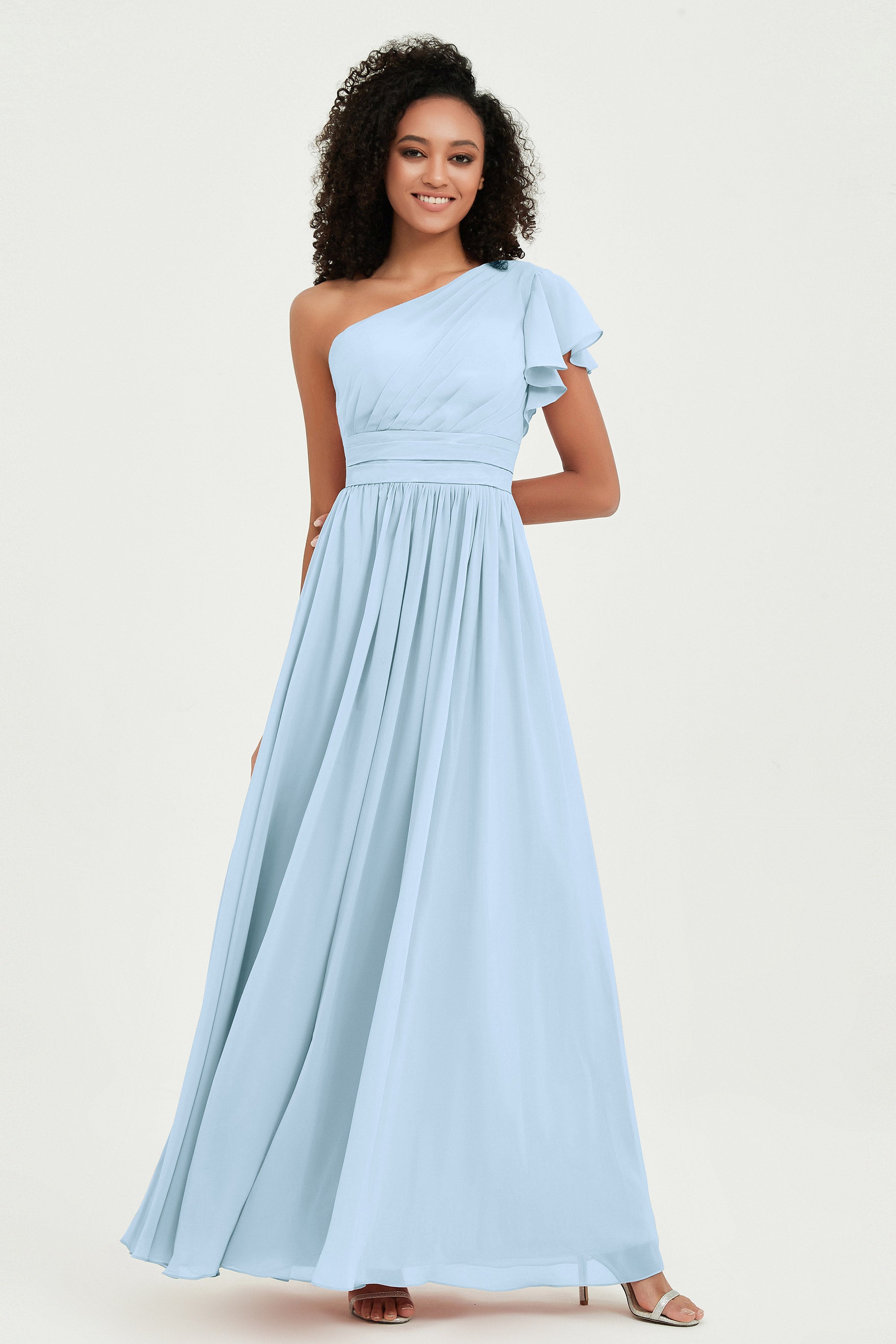 One Shoulder Flutter Sleeves Chiffon Bridesmaid Dress Plus Size Formal Evening Dresses