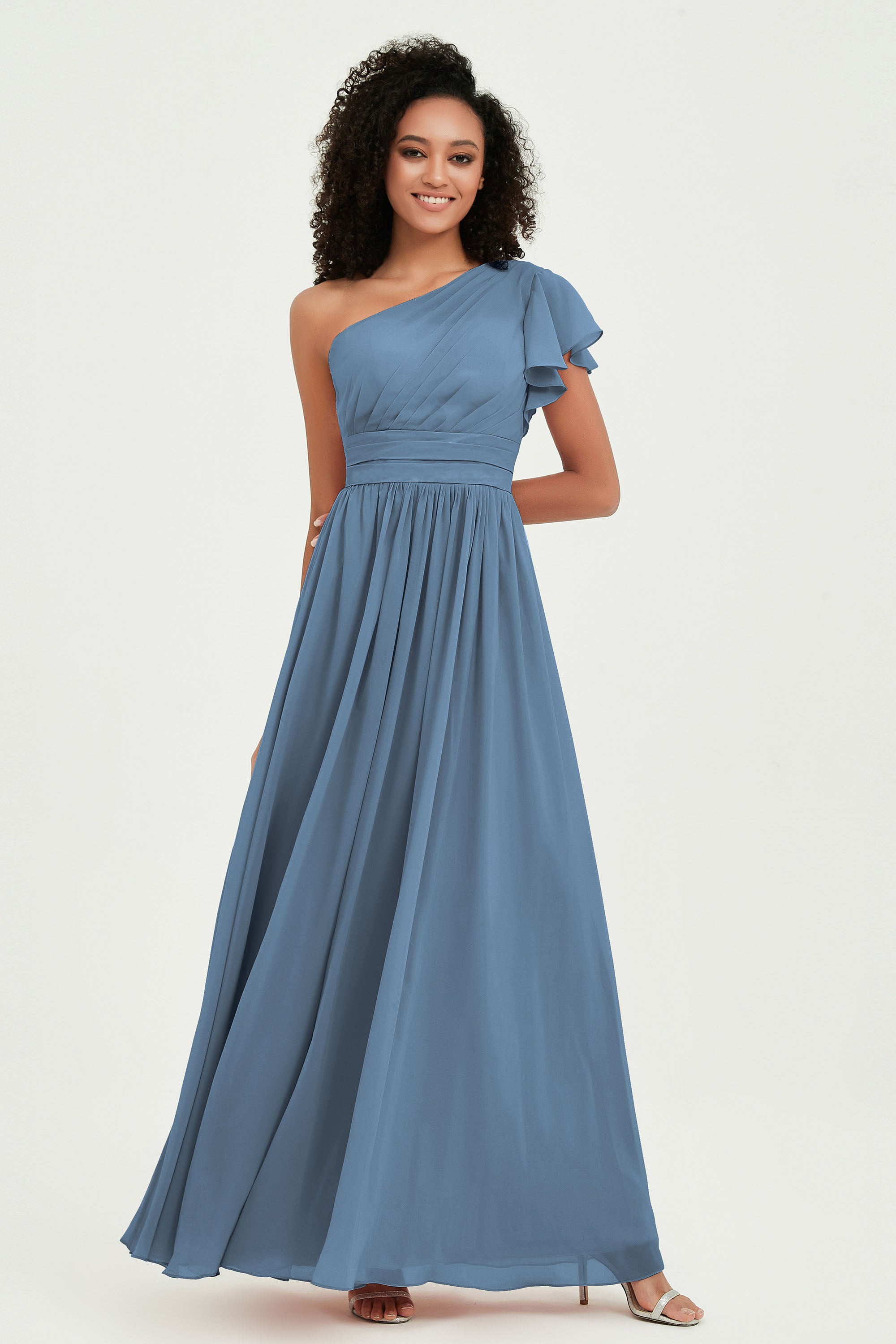 One Shoulder Flutter Sleeves Chiffon Bridesmaid Dress Plus Size Formal Evening Dresses