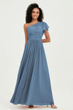 One Shoulder Flutter Sleeves Chiffon Bridesmaid Dress Plus Size Formal Evening Dresses
