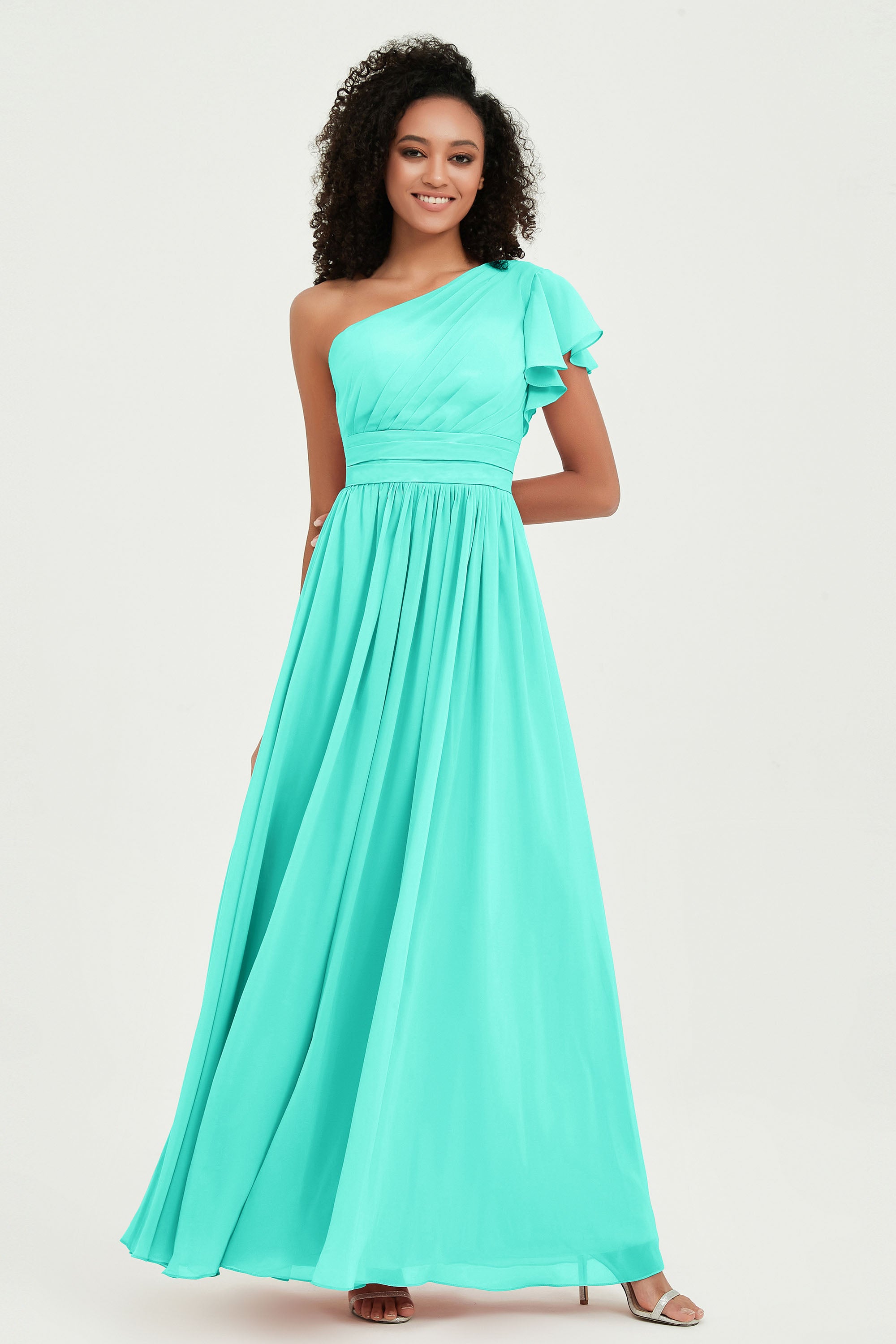 One Shoulder Flutter Sleeves Chiffon Bridesmaid Dress Plus Size Formal Evening Dresses