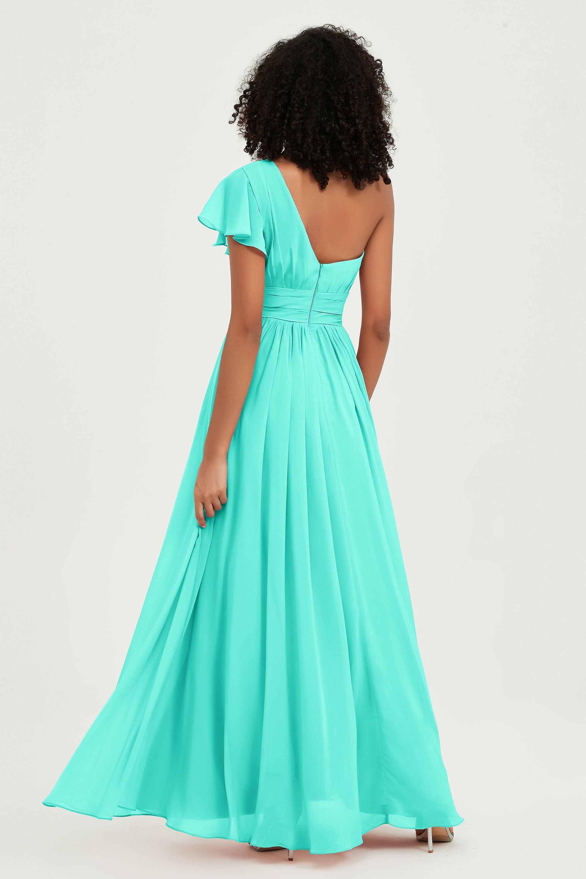One Shoulder Flutter Sleeves Chiffon Bridesmaid Dress Plus Size Formal Evening Dresses