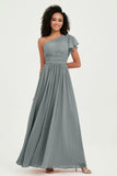 One Shoulder Flutter Sleeves Chiffon Bridesmaid Dress Plus Size Formal Evening Dresses