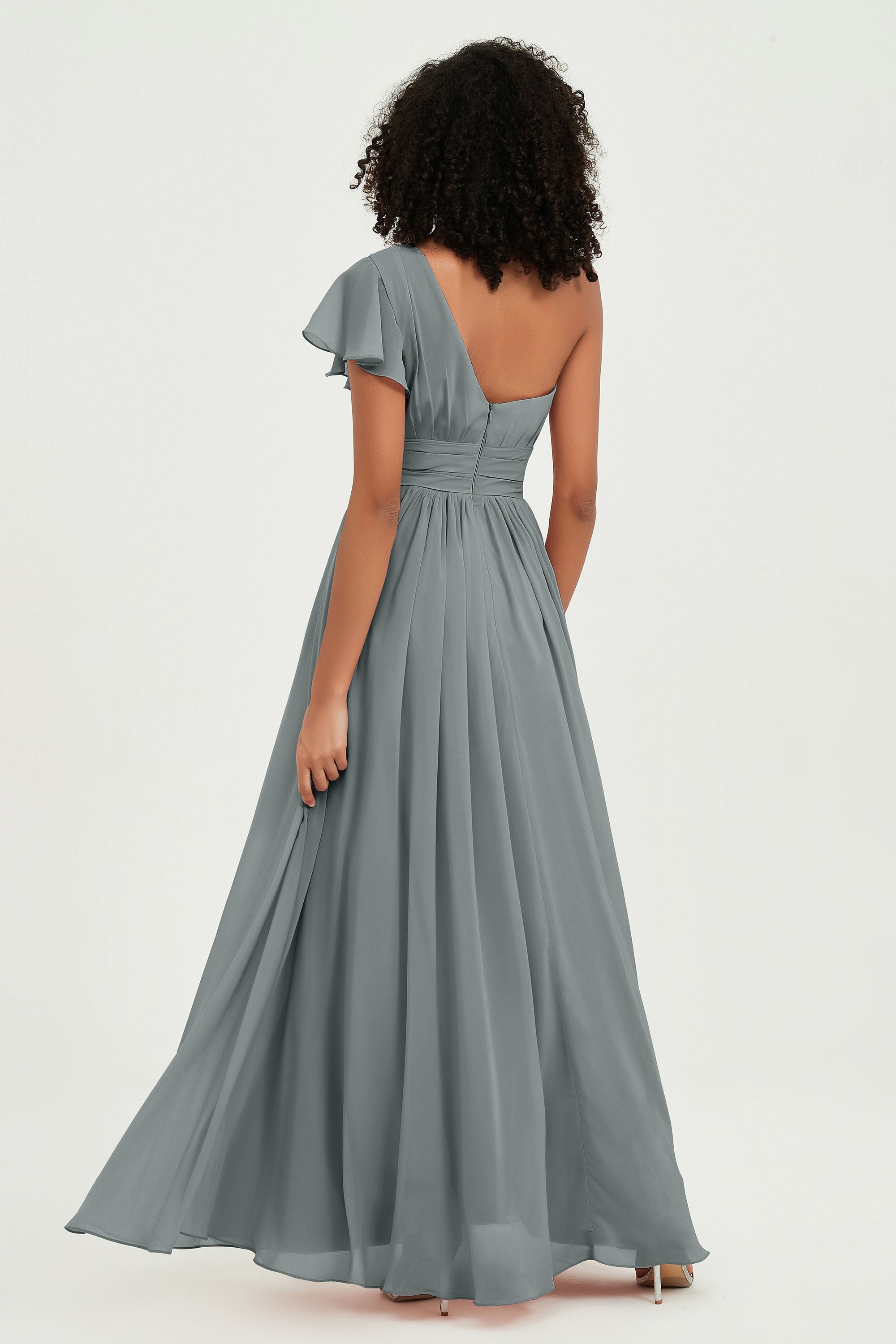 One Shoulder Flutter Sleeves Chiffon Bridesmaid Dress Plus Size Formal Evening Dresses