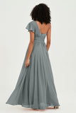 One Shoulder Flutter Sleeves Chiffon Bridesmaid Dress Plus Size Formal Evening Dresses