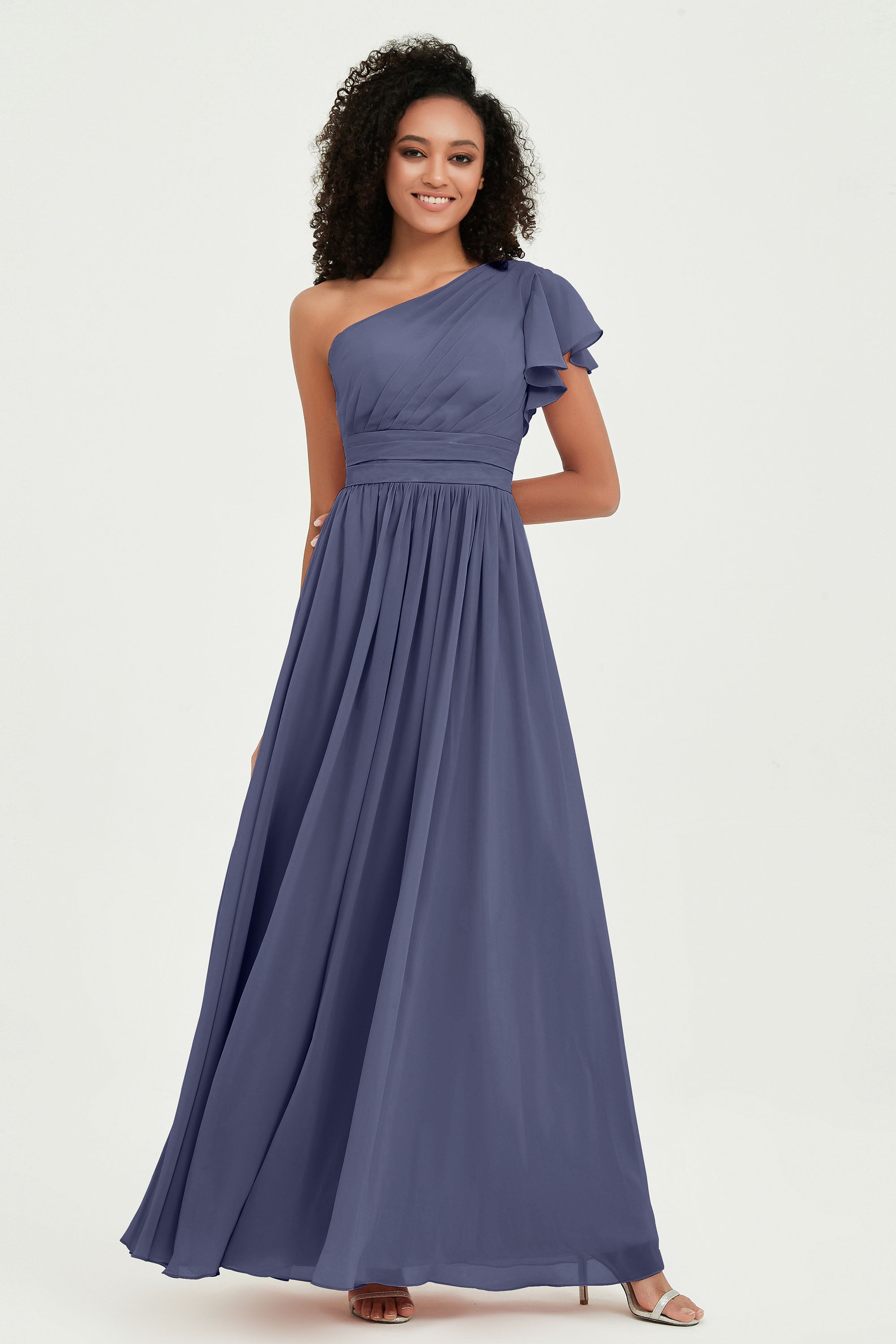 One Shoulder Flutter Sleeves Chiffon Bridesmaid Dress Plus Size Formal Evening Dresses