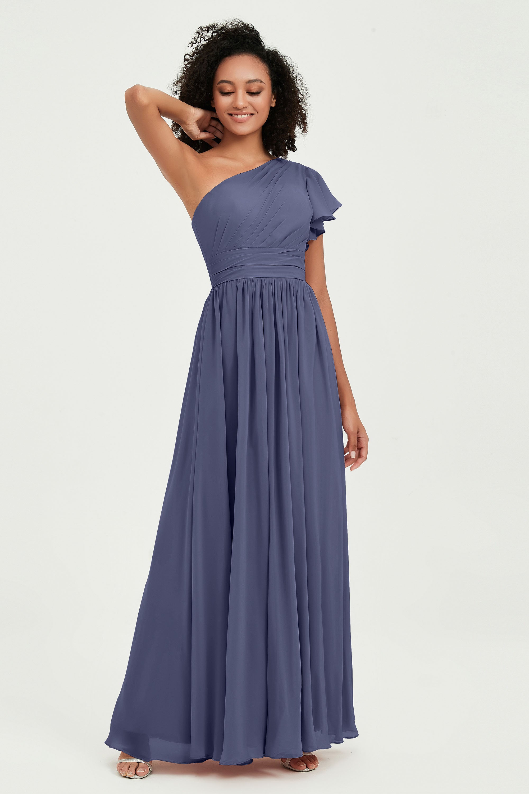 One Shoulder Flutter Sleeves Chiffon Bridesmaid Dress Plus Size Formal Evening Dresses