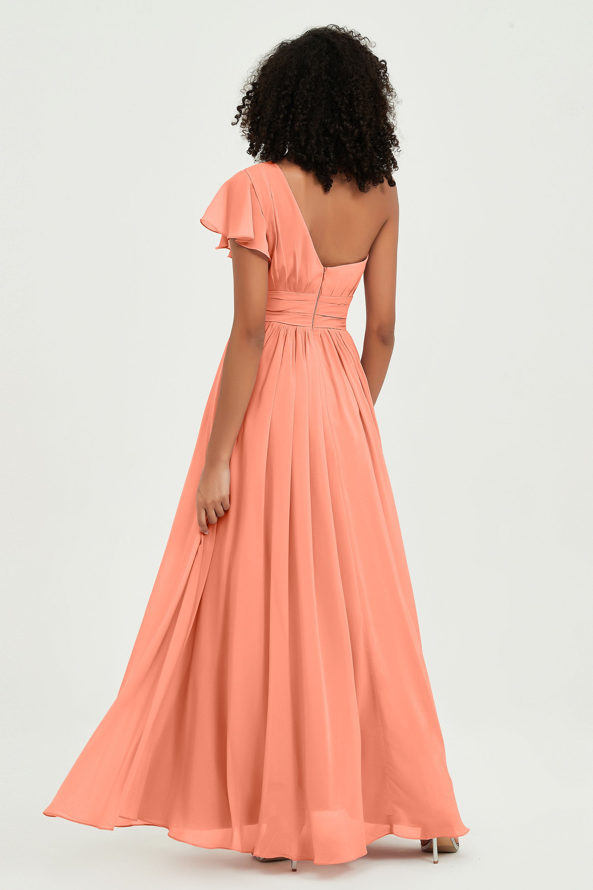 One Shoulder Flutter Sleeves Chiffon Bridesmaid Dress Plus Size Formal Evening Dresses