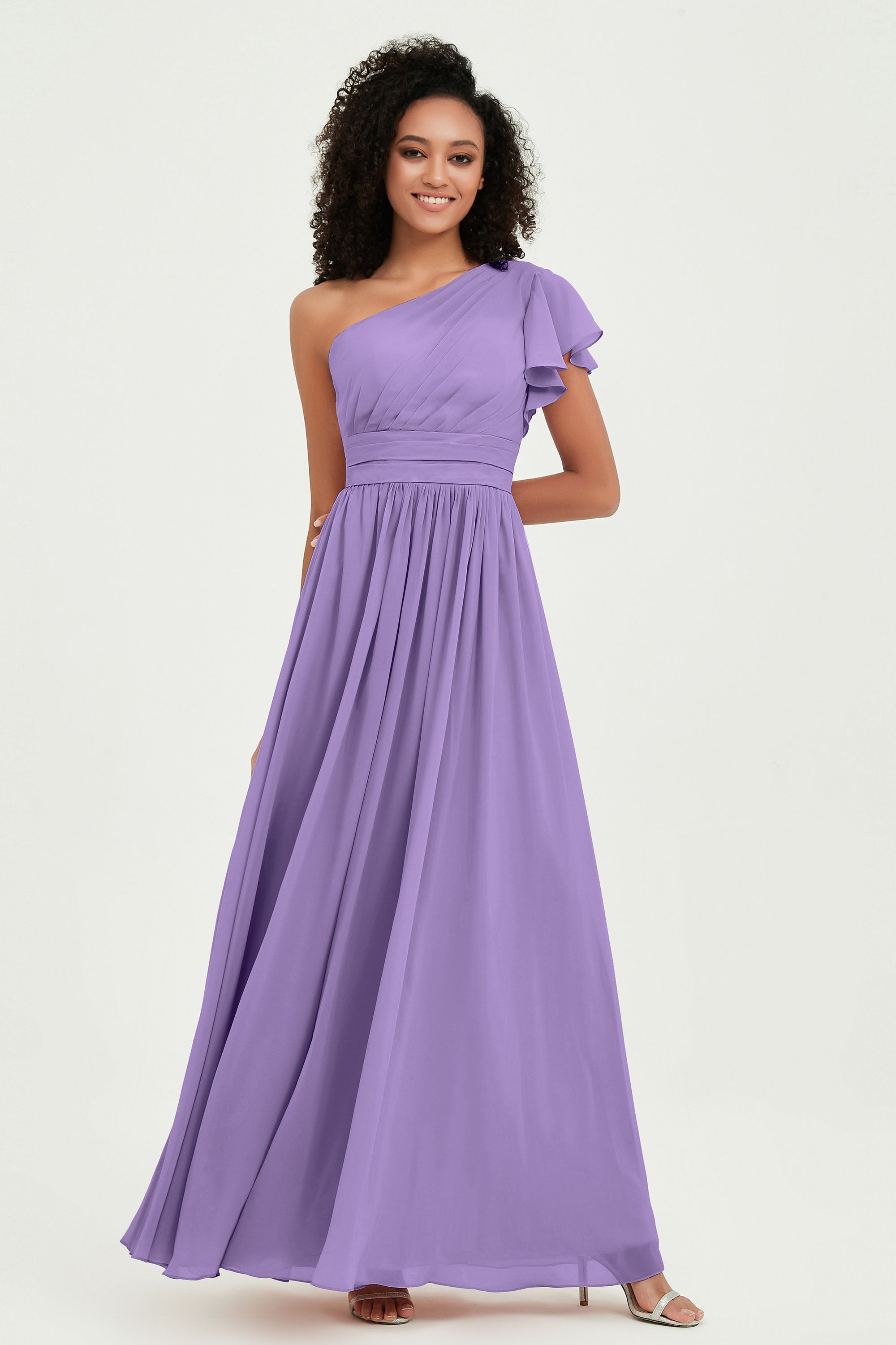One Shoulder Flutter Sleeves Chiffon Bridesmaid Dress Plus Size Formal Evening Dresses
