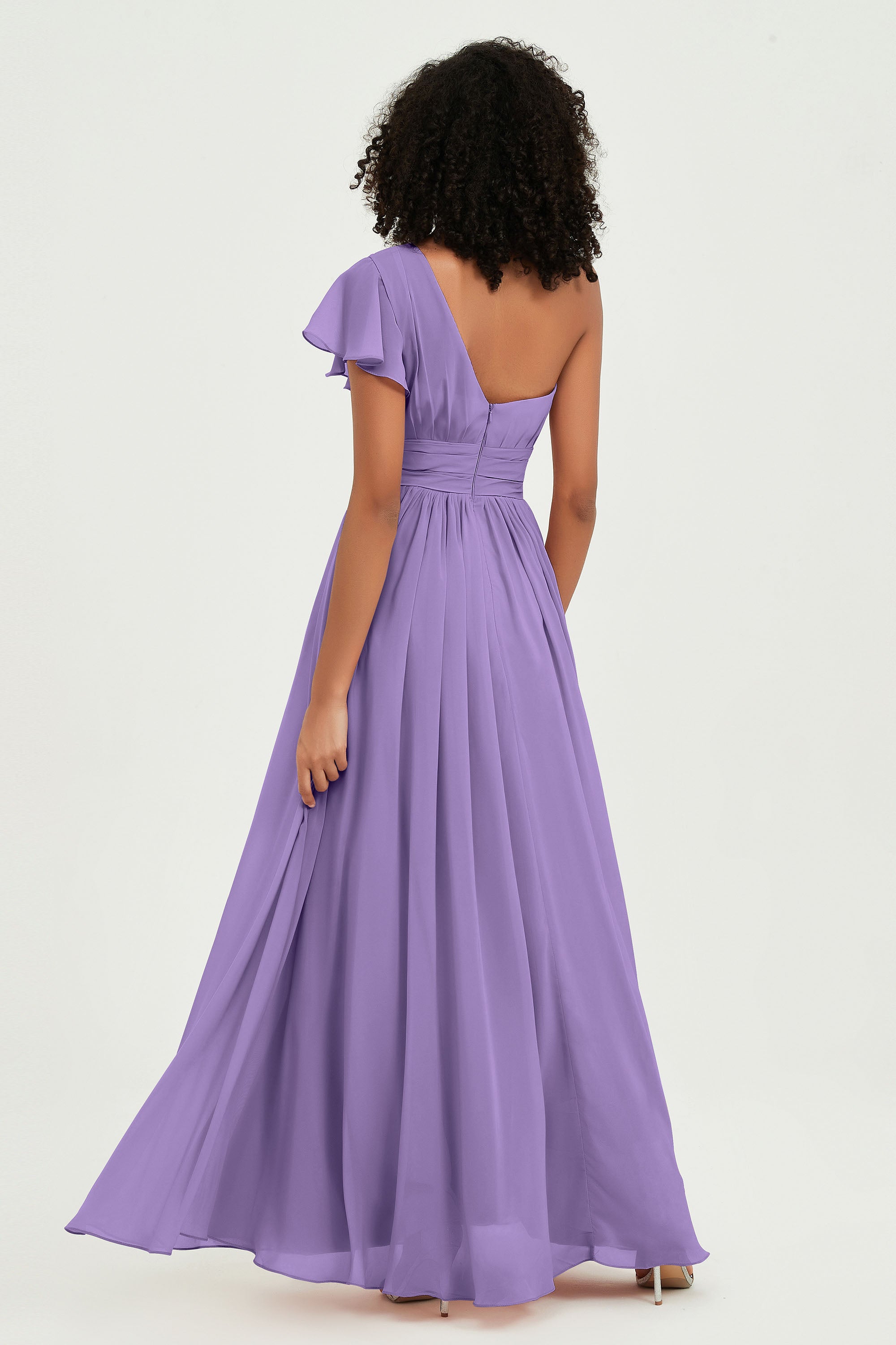 One Shoulder Flutter Sleeves Chiffon Bridesmaid Dress Plus Size Formal Evening Dresses