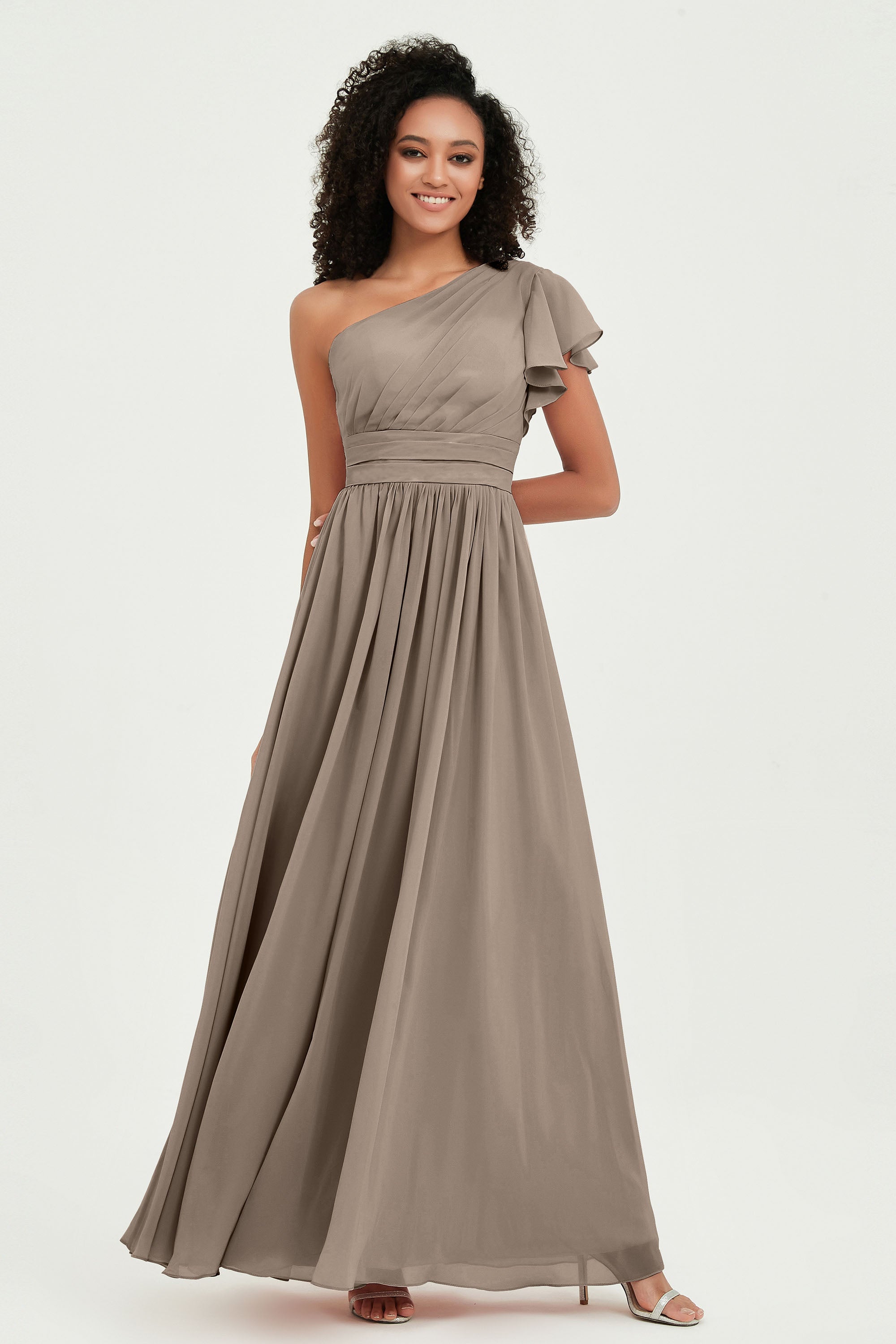 One Shoulder Flutter Sleeves Chiffon Bridesmaid Dress Plus Size Formal Evening Dresses