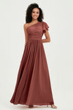 One Shoulder Flutter Sleeves Chiffon Bridesmaid Dress Plus Size Formal Evening Dresses